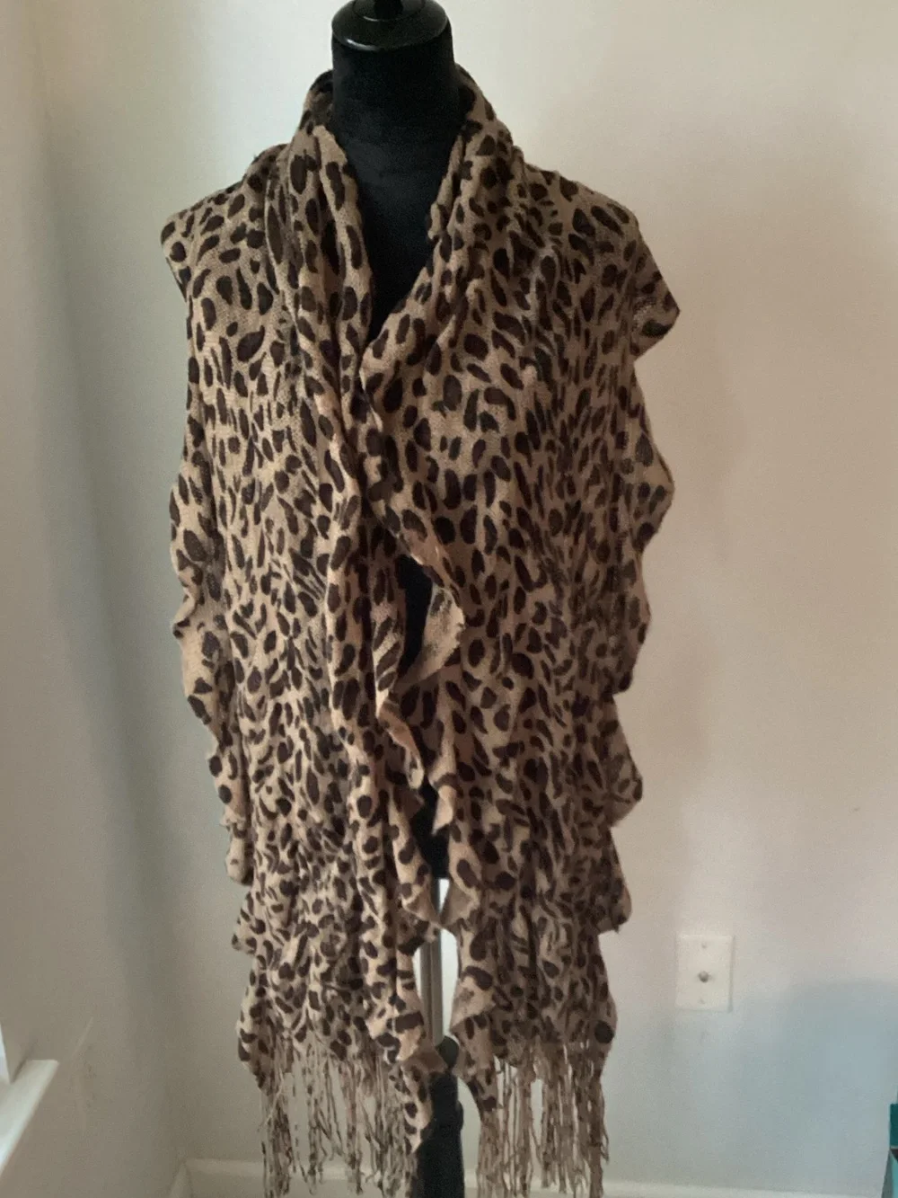 EUC Leopard Print Fringe Scarf - Brown